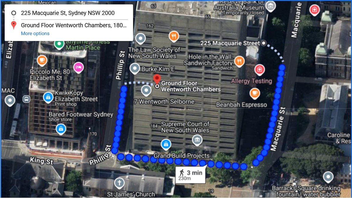 Image showing directions from 225 Macquarie Street to Wentworth Chambers